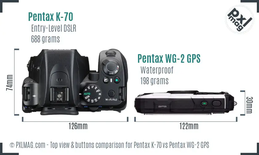Pentax K-70 vs Pentax WG-2 GPS top view buttons comparison