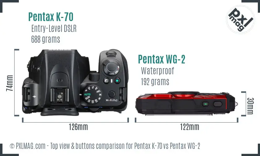 Pentax K-70 vs Pentax WG-2 top view buttons comparison
