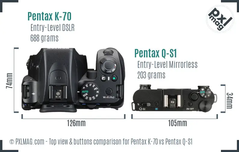 Pentax K-70 vs Pentax Q-S1 top view buttons comparison