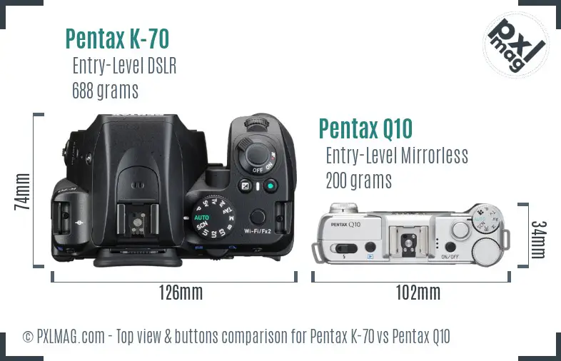 Pentax K-70 vs Pentax Q10 top view buttons comparison