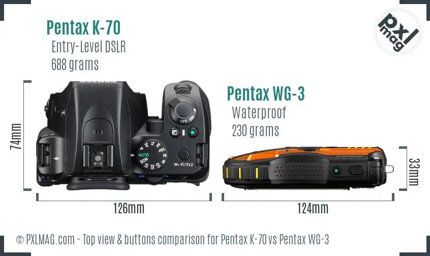 Pentax K-70 vs Pentax WG-3 top view buttons comparison