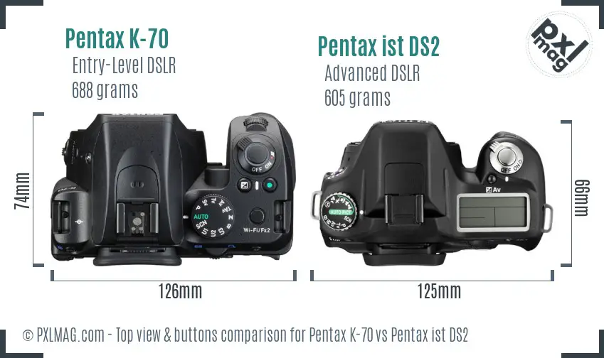 Pentax K-70 vs Pentax ist DS2 top view buttons comparison