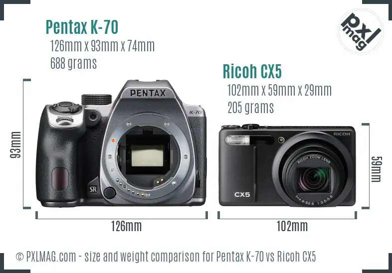 Pentax K-70 vs Ricoh CX5 size comparison