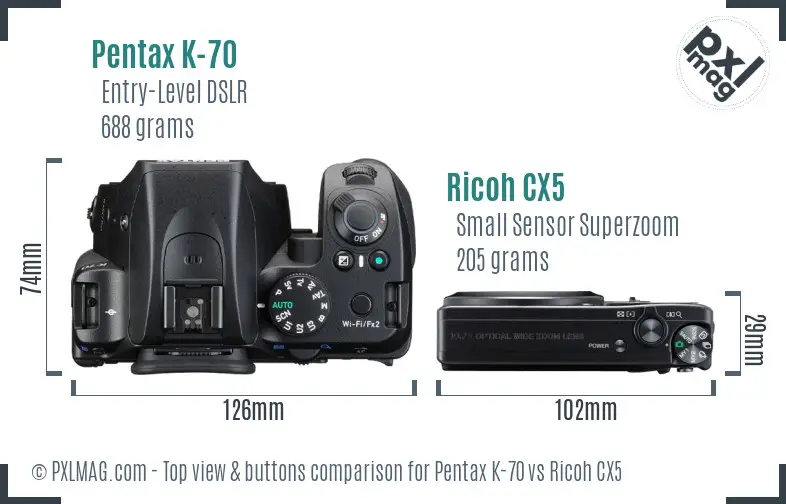 Pentax K-70 vs Ricoh CX5 top view buttons comparison