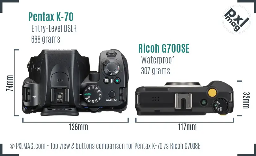 Pentax K-70 vs Ricoh G700SE top view buttons comparison