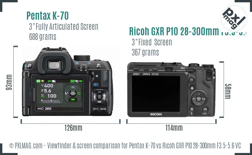 Pentax K-70 vs Ricoh GXR P10 28-300mm F3.5-5.6 VC Screen and Viewfinder comparison