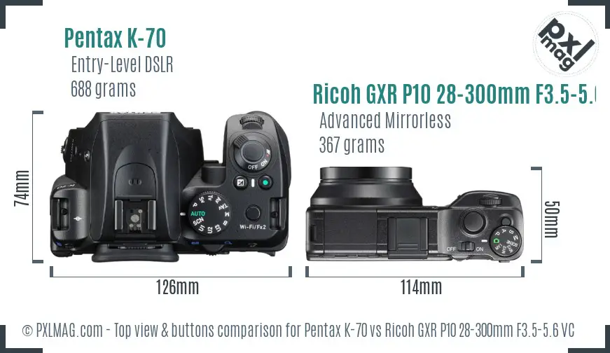 Pentax K-70 vs Ricoh GXR P10 28-300mm F3.5-5.6 VC top view buttons comparison