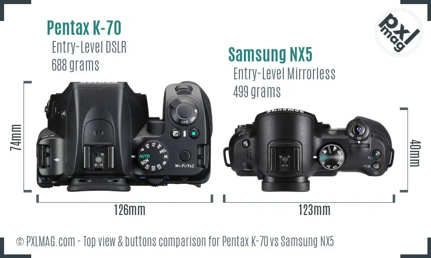 Pentax K-70 vs Samsung NX5 top view buttons comparison