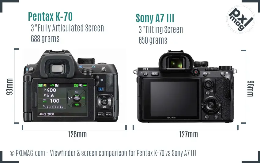 Pentax K-70 vs Sony A7 III Screen and Viewfinder comparison