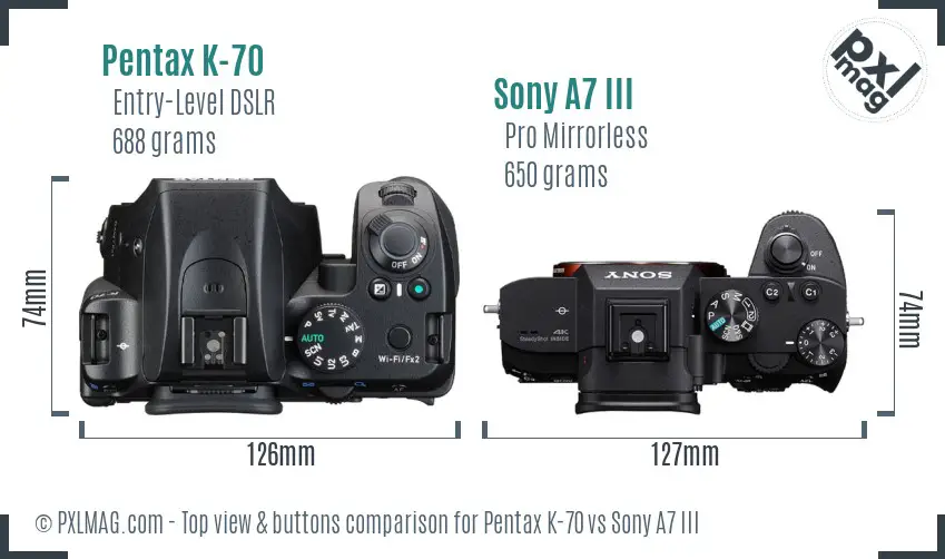 Pentax K-70 vs Sony A7 III top view buttons comparison