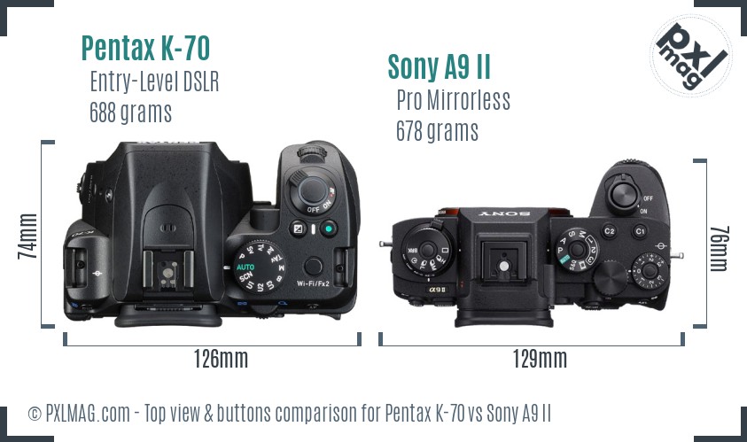 Pentax K-70 vs Sony A9 II top view buttons comparison