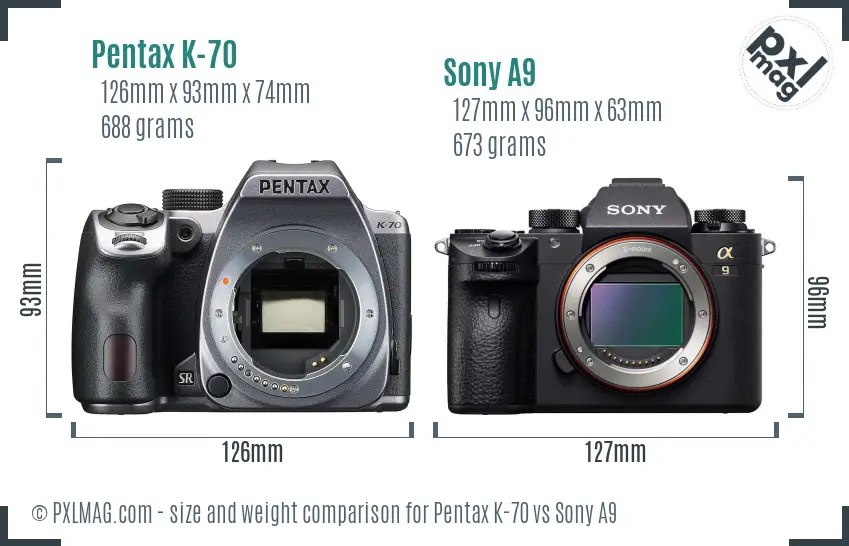 Pentax K-70 vs Sony A9 size comparison