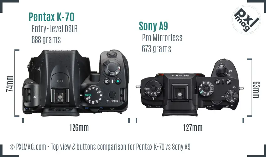 Pentax K-70 vs Sony A9 top view buttons comparison