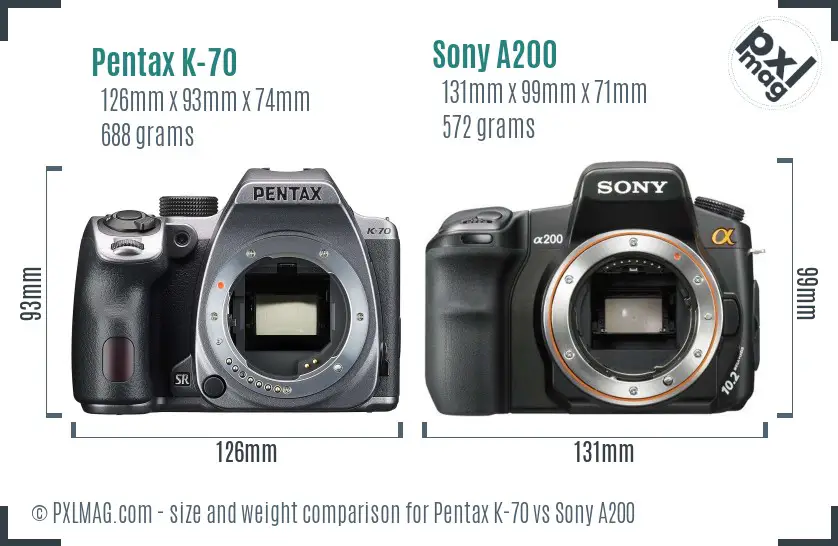 Pentax K-70 vs Sony A200 size comparison