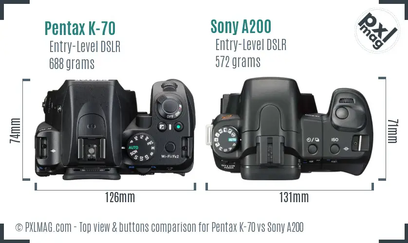 Pentax K-70 vs Sony A200 top view buttons comparison