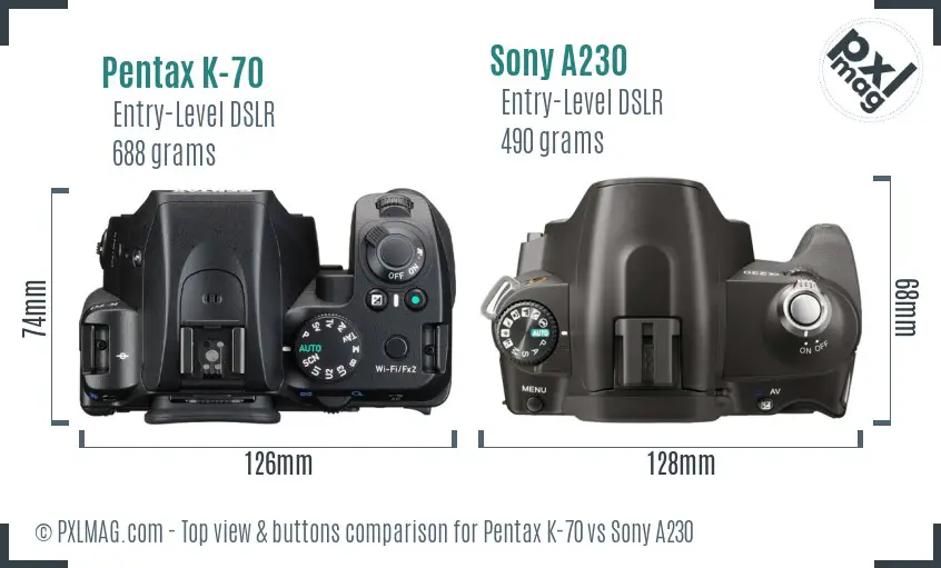 Pentax K-70 vs Sony A230 top view buttons comparison