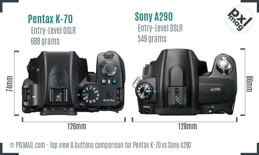 Pentax K-70 vs Sony A290 top view buttons comparison