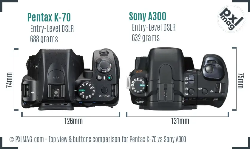 Pentax K-70 vs Sony A300 top view buttons comparison