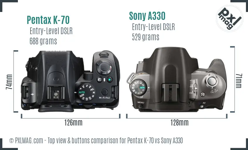 Pentax K-70 vs Sony A330 top view buttons comparison