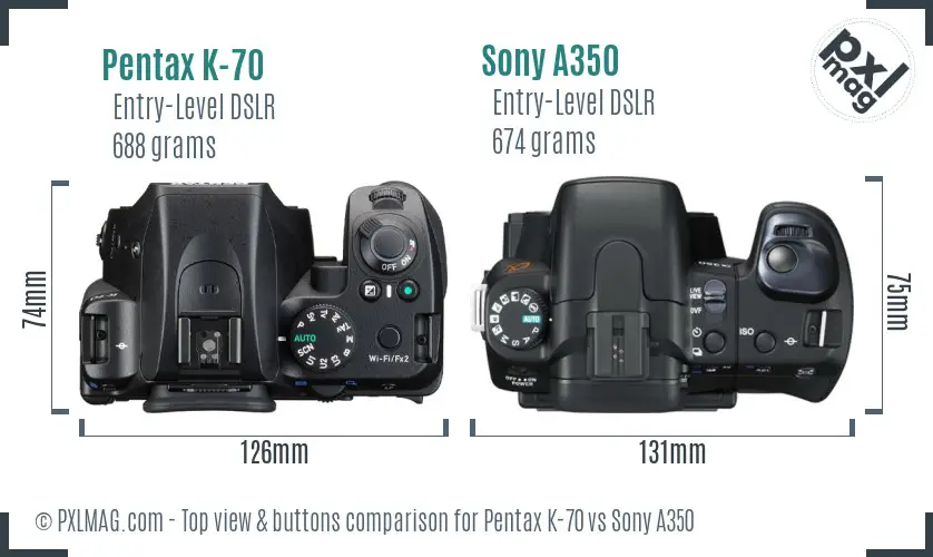 Pentax K-70 vs Sony A350 top view buttons comparison