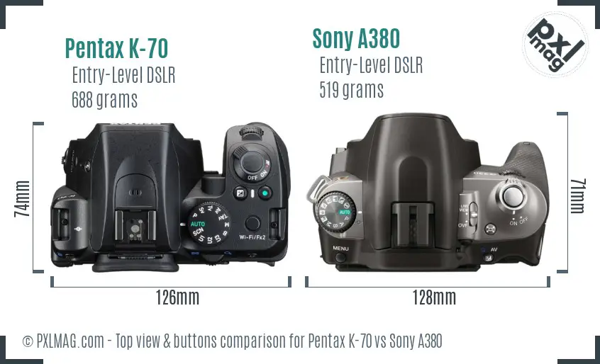 Pentax K-70 vs Sony A380 top view buttons comparison