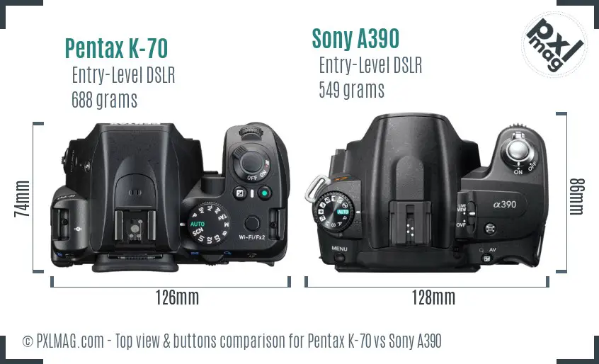 Pentax K-70 vs Sony A390 top view buttons comparison