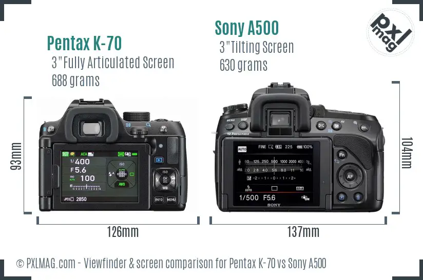Pentax K-70 vs Sony A500 Screen and Viewfinder comparison