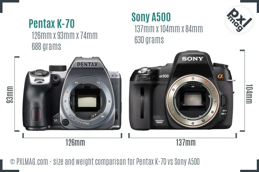 Pentax K-70 vs Sony A500 size comparison