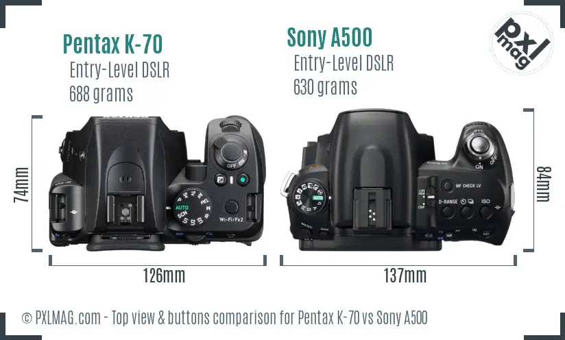 Pentax K-70 vs Sony A500 top view buttons comparison