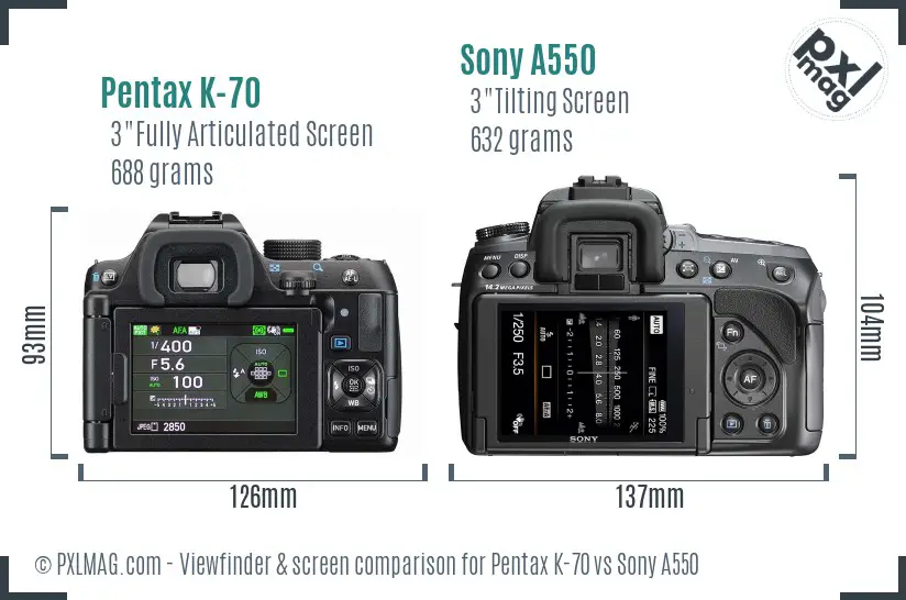 Pentax K-70 vs Sony A550 Screen and Viewfinder comparison