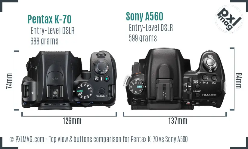 Pentax K-70 vs Sony A560 top view buttons comparison