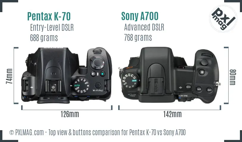 Pentax K-70 vs Sony A700 top view buttons comparison Pentax K-70 vs Sony A700 top view buttons comparison