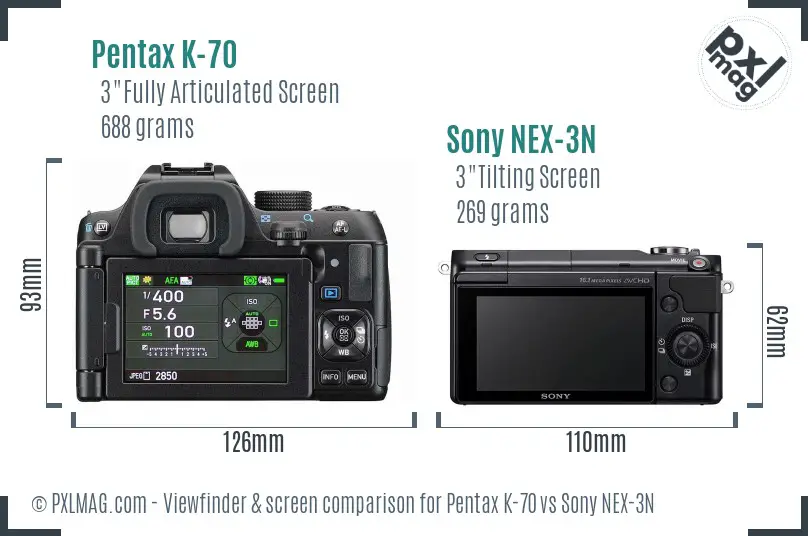 Pentax K-70 vs Sony NEX-3N Screen and Viewfinder comparison