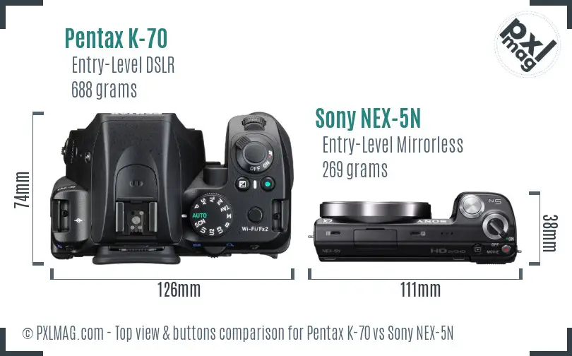 Pentax K-70 vs Sony NEX-5N top view buttons comparison