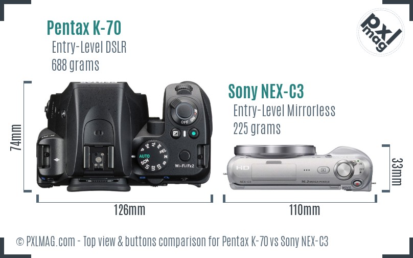 Pentax K-70 vs Sony NEX-C3 top view buttons comparison