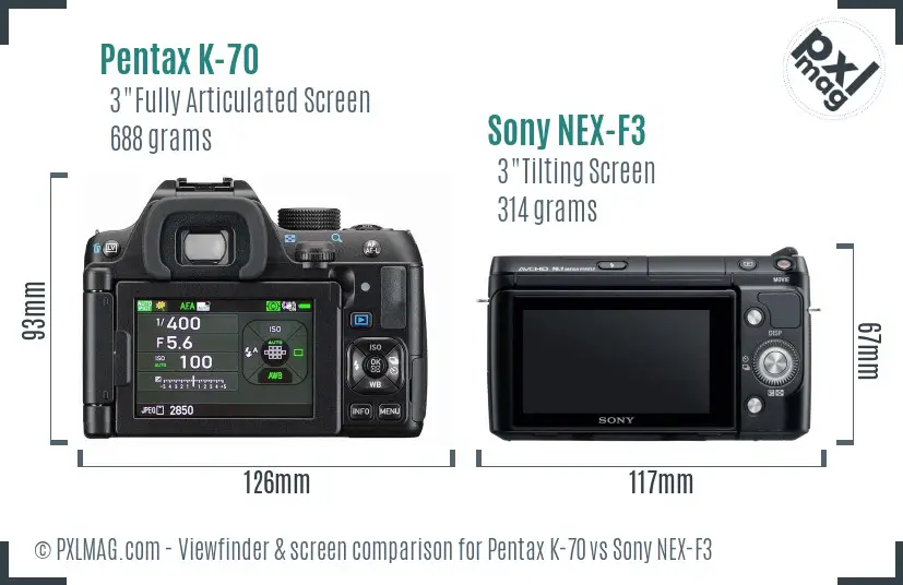 Pentax K-70 vs Sony NEX-F3 Screen and Viewfinder comparison