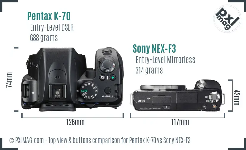 Pentax K-70 vs Sony NEX-F3 top view buttons comparison
