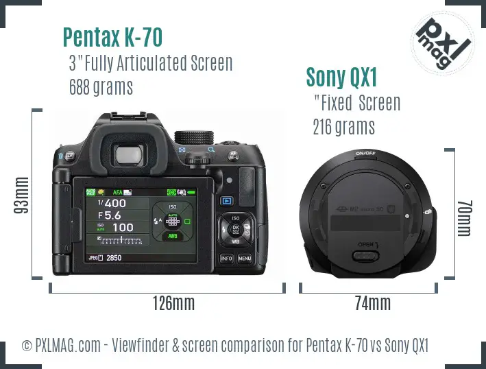Pentax K-70 vs Sony QX1 Screen and Viewfinder comparison