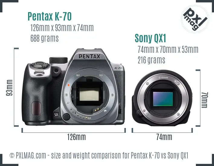 Pentax K-70 vs Sony QX1 size comparison