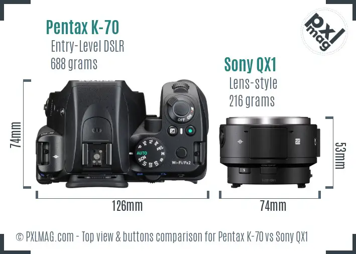 Pentax K-70 vs Sony QX1 top view buttons comparison