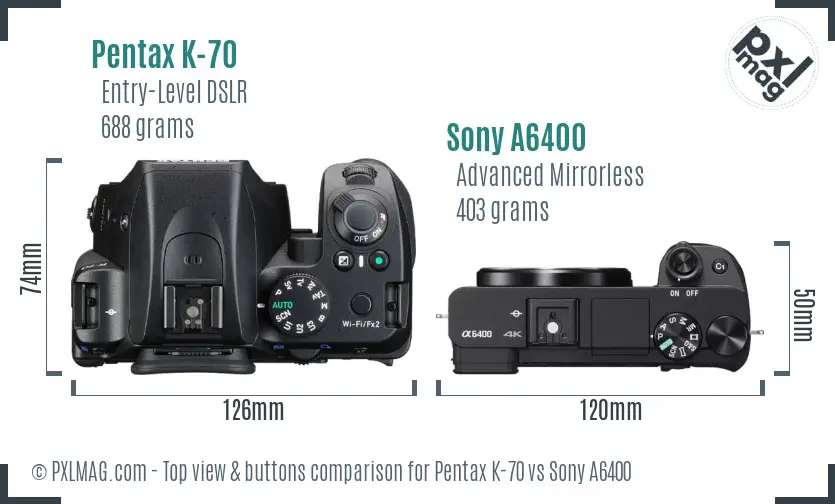 Pentax K-70 vs Sony A6400 top view buttons comparison