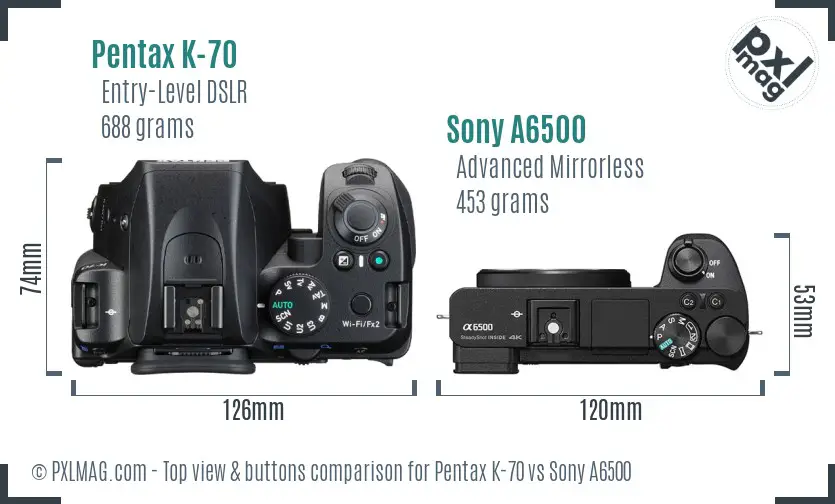 Pentax K-70 vs Sony A6500 top view buttons comparison