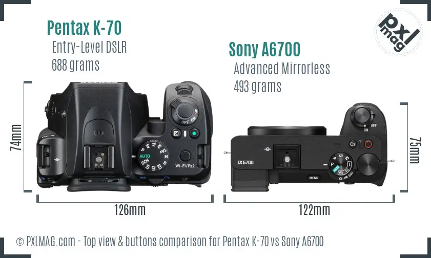 Pentax K-70 vs Sony A6700 top view buttons comparison Pentax K-70 vs Sony A6700 top view buttons comparison