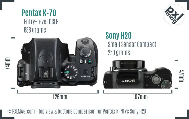 Pentax K-70 vs Sony H20 top view buttons comparison