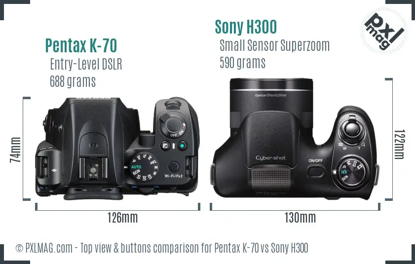 Pentax K-70 vs Sony H300 top view buttons comparison