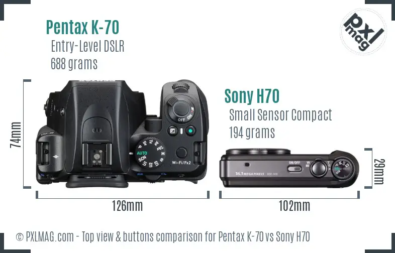 Pentax K-70 vs Sony H70 top view buttons comparison