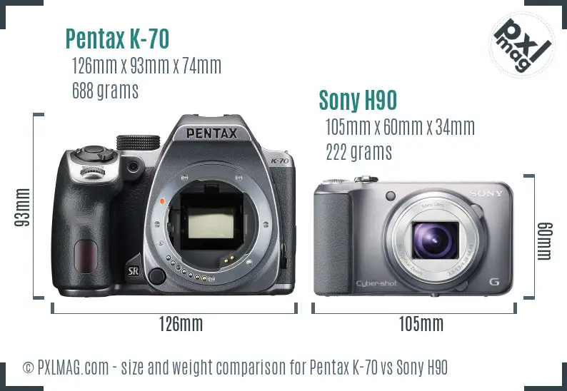 Pentax K-70 vs Sony H90 size comparison