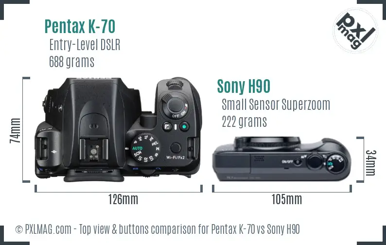Pentax K-70 vs Sony H90 top view buttons comparison