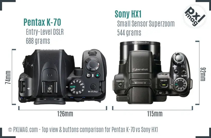 Pentax K-70 vs Sony HX1 top view buttons comparison Pentax K-70 vs Sony HX1 top view buttons comparison