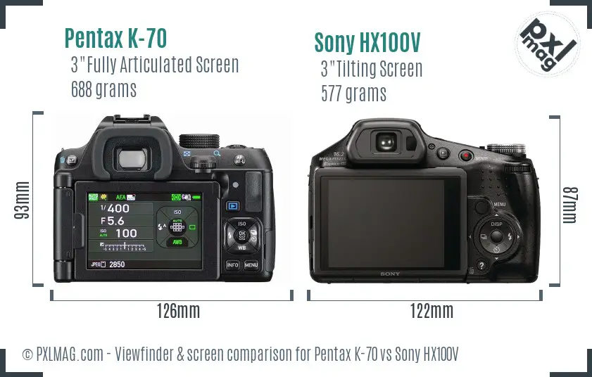 Pentax K-70 vs Sony HX100V Screen and Viewfinder comparison